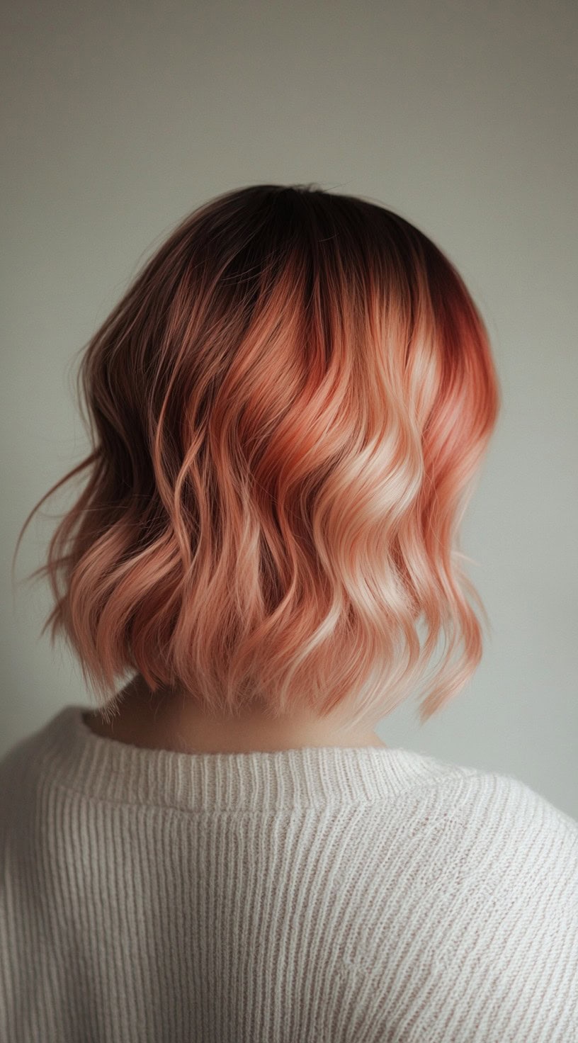 In this photo, a short, wavy bob is colored in a soft peachy copper balayage, creating a fun and fresh look.