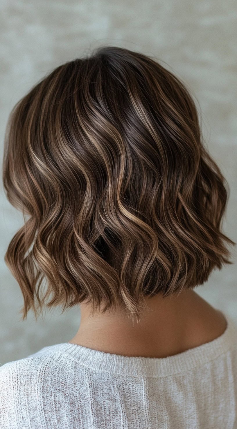 In this photo, a short wavy bob is enhanced with dark caramel balayage highlights on a brunette base.