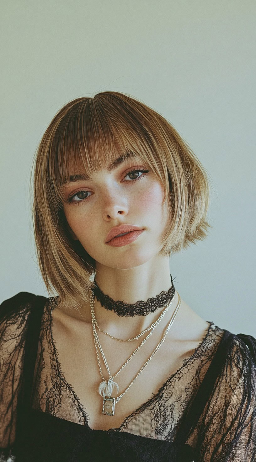 In this photo, a woman with a classic short bob and full fringe is shown.