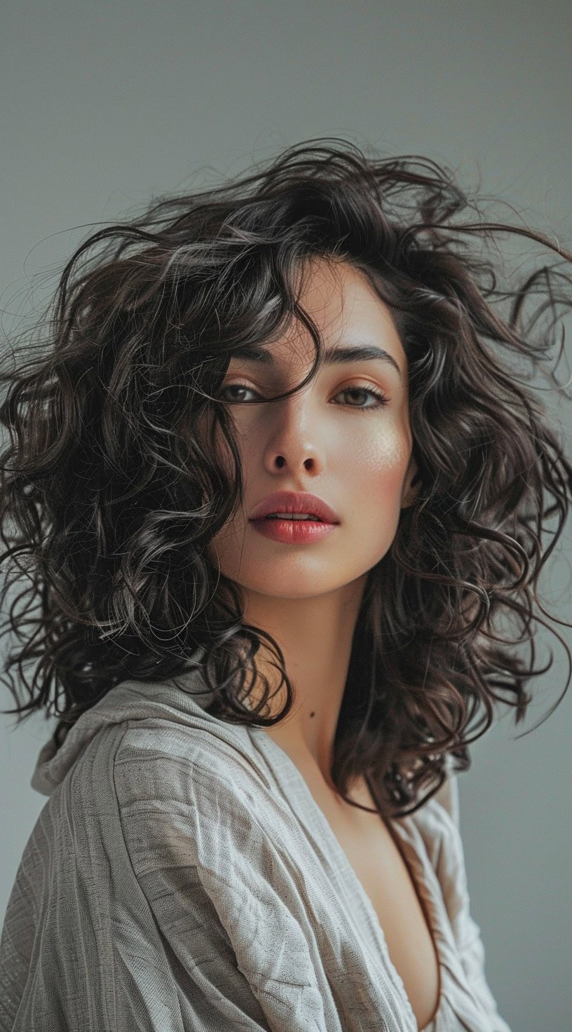 In this photo, a woman with a curly side-parted lob and voluminous curls poses against a plain background.