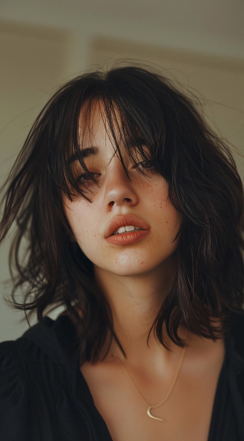 In this photo, a woman with a messy lob and wispy bangs looks slightly upward.