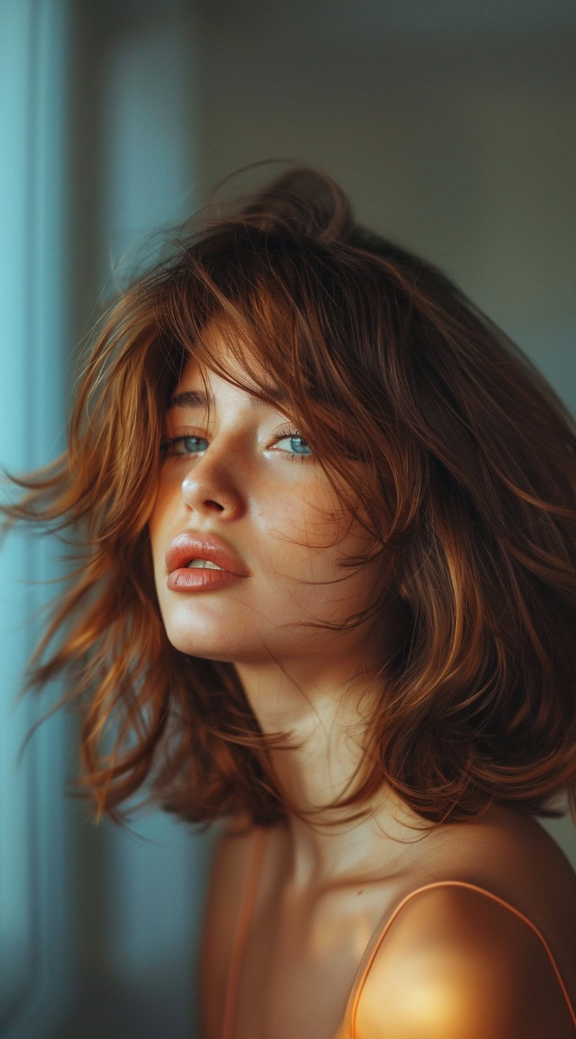 In this photo, a woman with a shaggy lob and voluminous, tousled hair gazes dreamily out of a window.