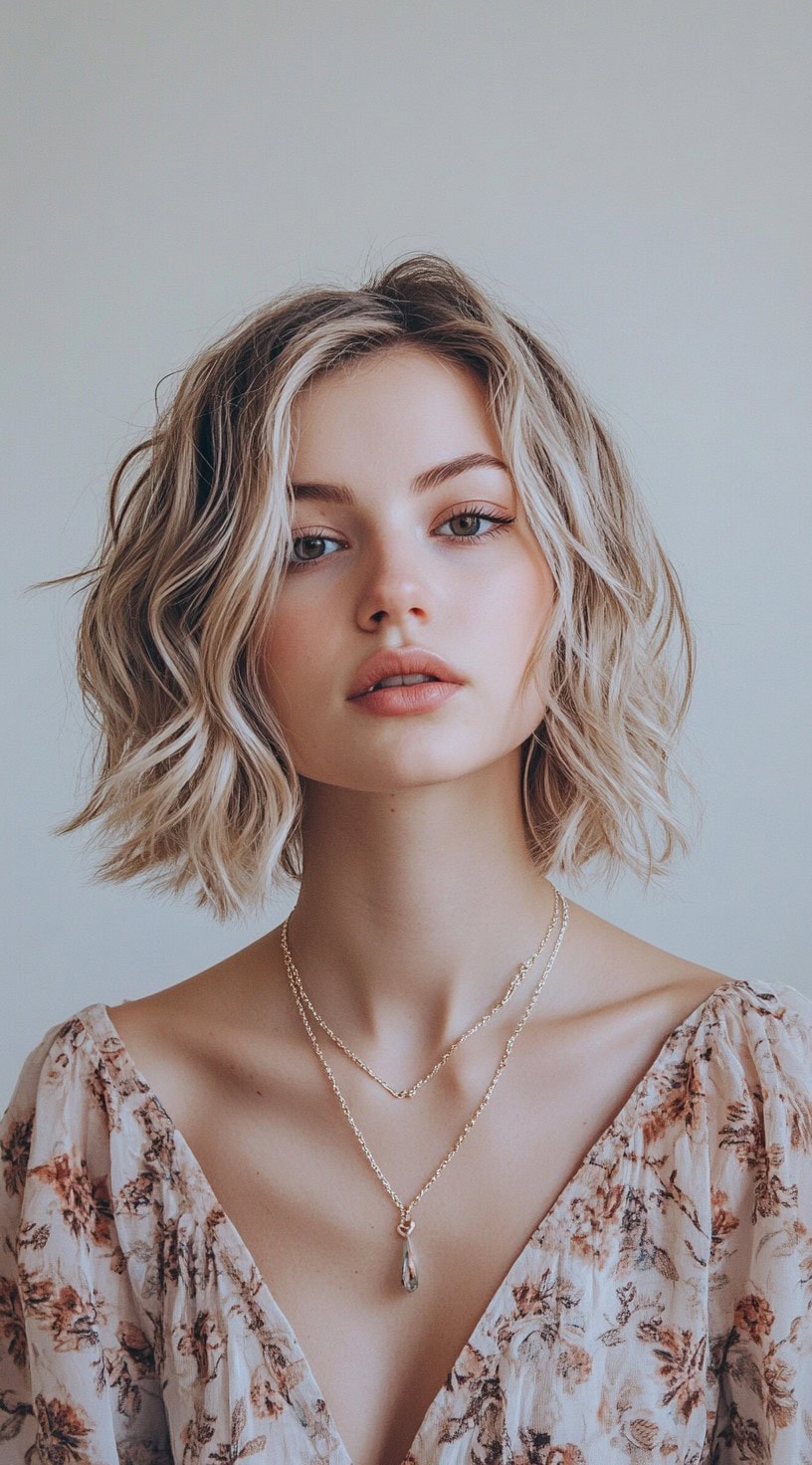 In this photo, a woman with a short bob styled in loose beach waves is shown.