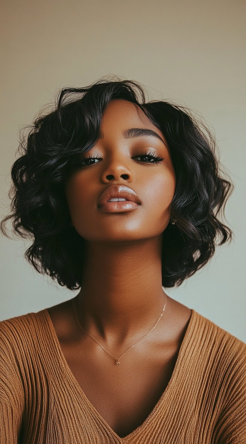 In this photo, a woman with a short bob styled in loose waves is shown.