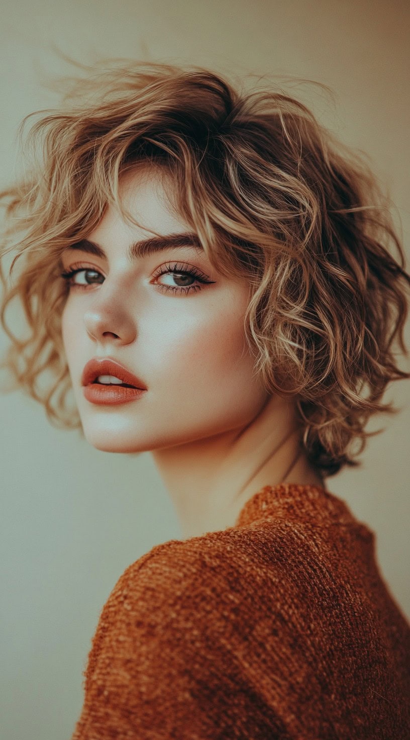 In this photo, a woman with a short, curly bob styled with a tousled finish is shown.