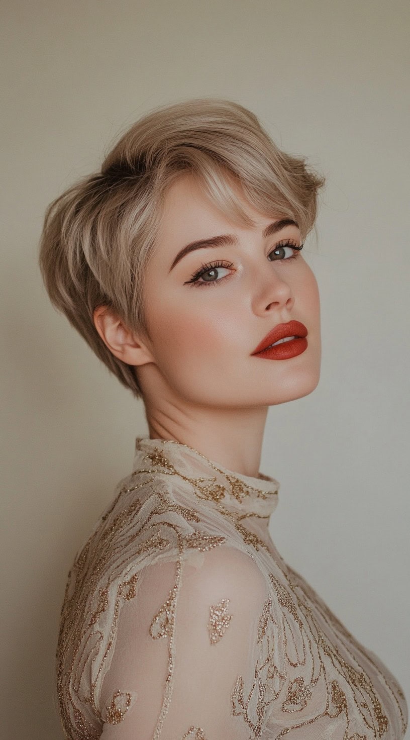 In this photo, a woman with a short layered pixie and side-swept bangs is shown.