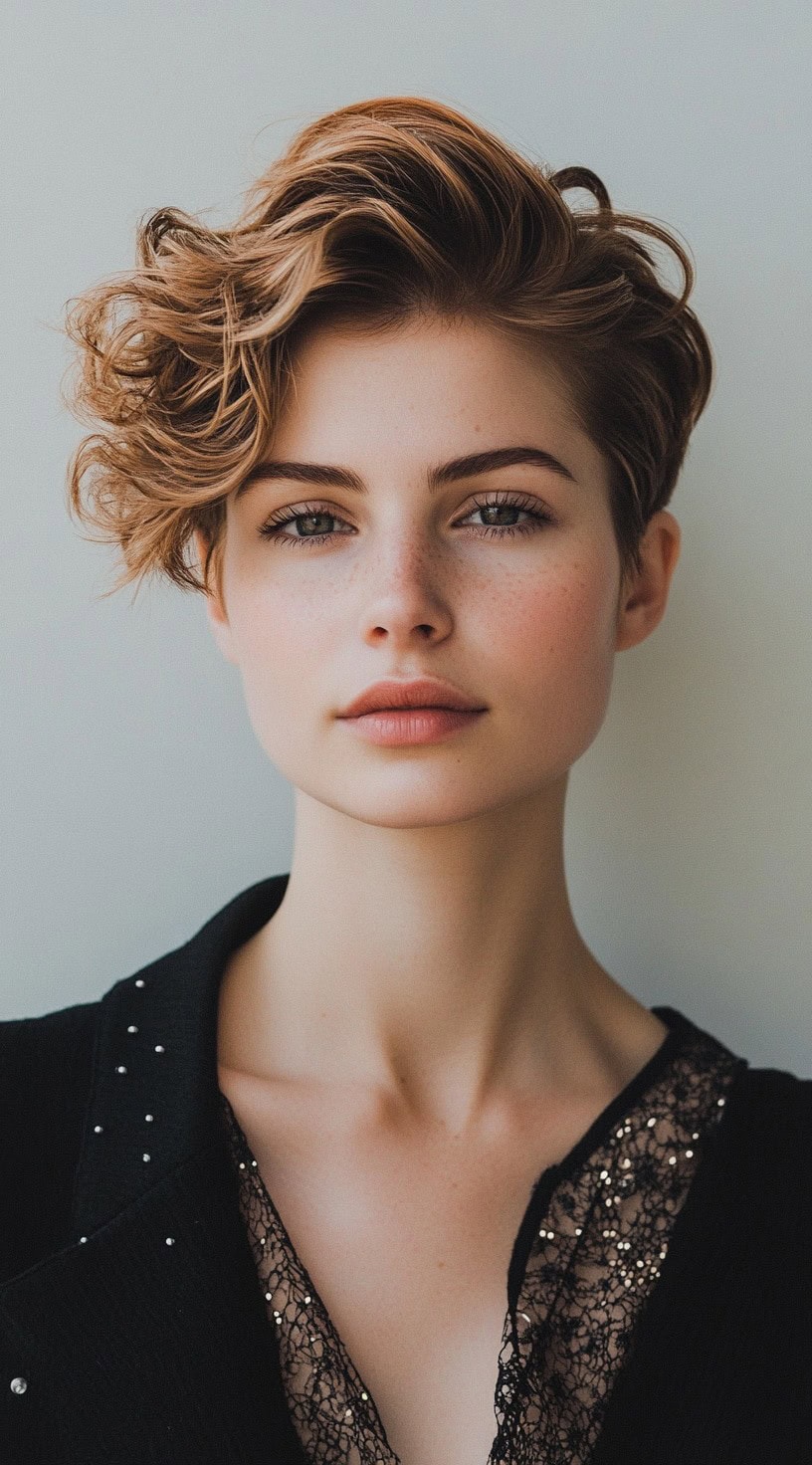 In this photo, a woman with a short, voluminous curly pixie cut is shown.