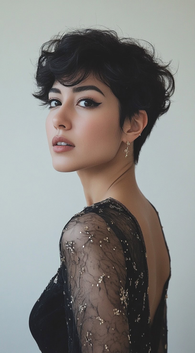 In this photo, a woman with a short, voluminous pixie cut with soft waves is shown.