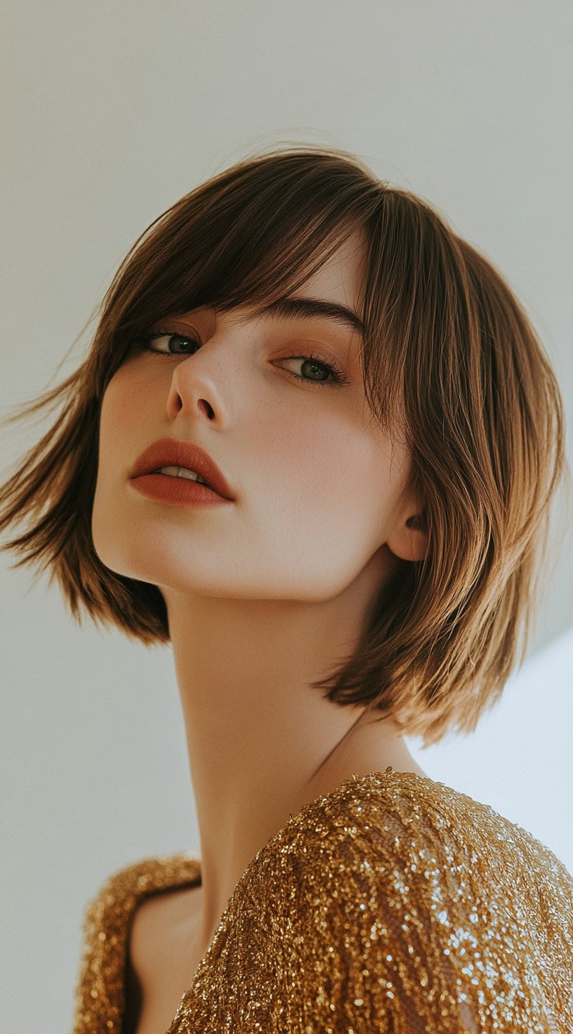 In this photo, a woman with a short wispy bob and blunt bangs is shown.