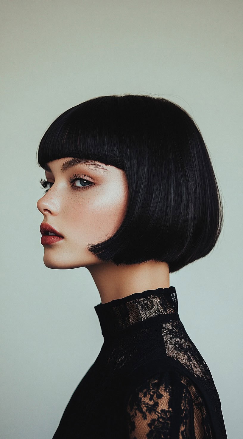 In this photo, a woman with a sleek, jet-black bob and blunt bangs is shown.