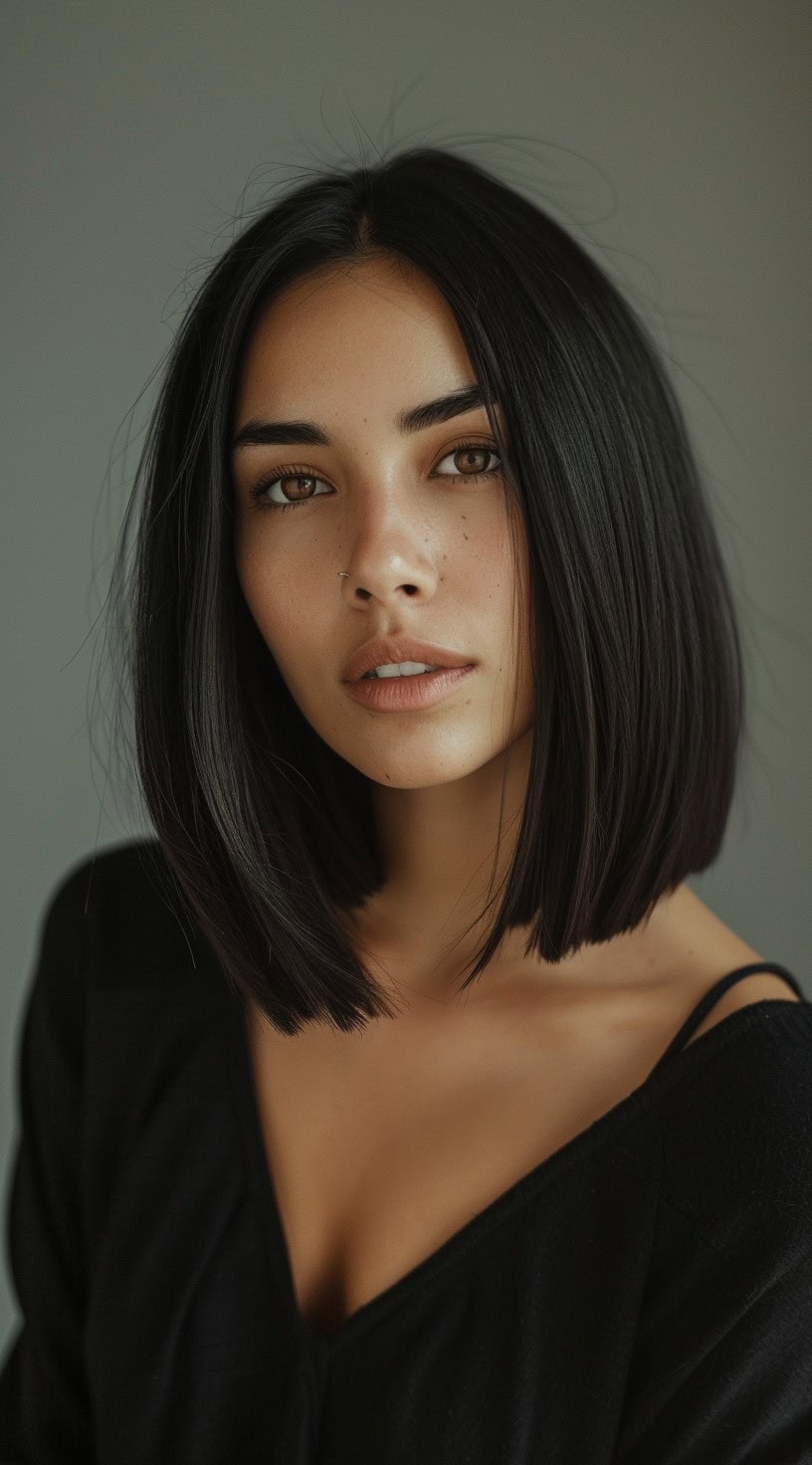 In this photo, a woman with a sleek, straight, asymmetrical lob poses gracefully.