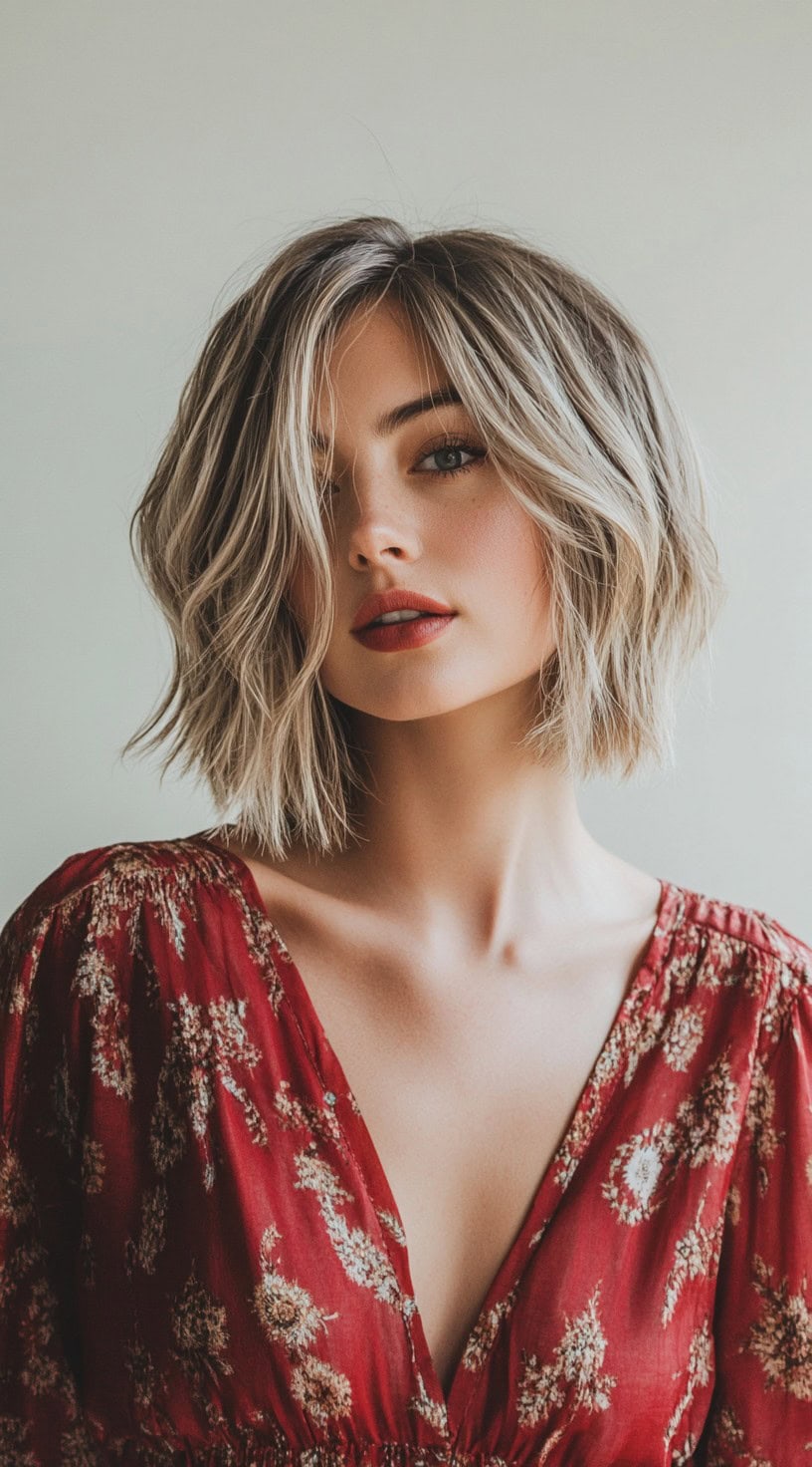 In this photo, a woman with a tousled blonde bob featuring soft waves and darker roots is shown.