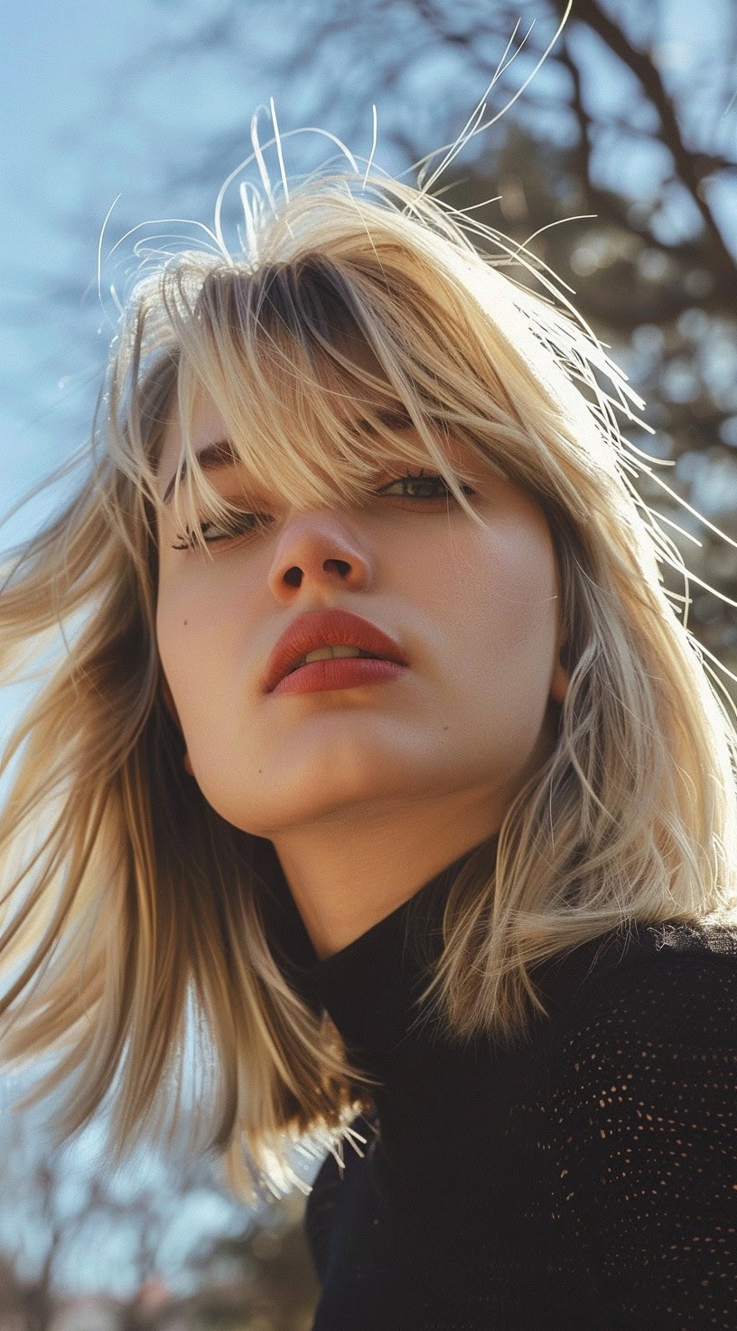 In this photo, a woman with a tousled blonde lob and windswept bangs looks directly at the camera outdoors.