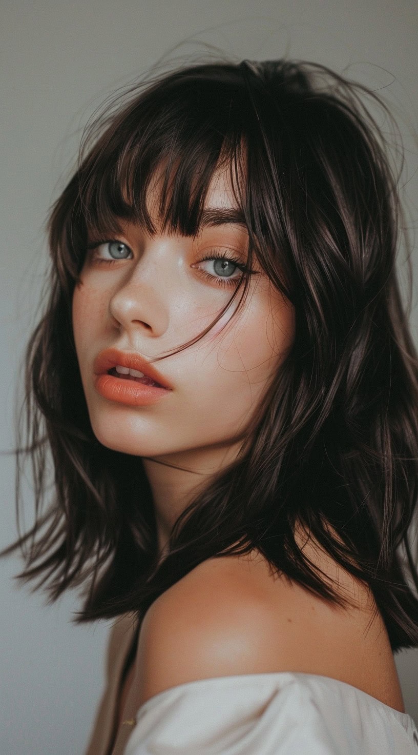 In this photo, a woman with a tousled lob and wispy bangs looks over her shoulder.