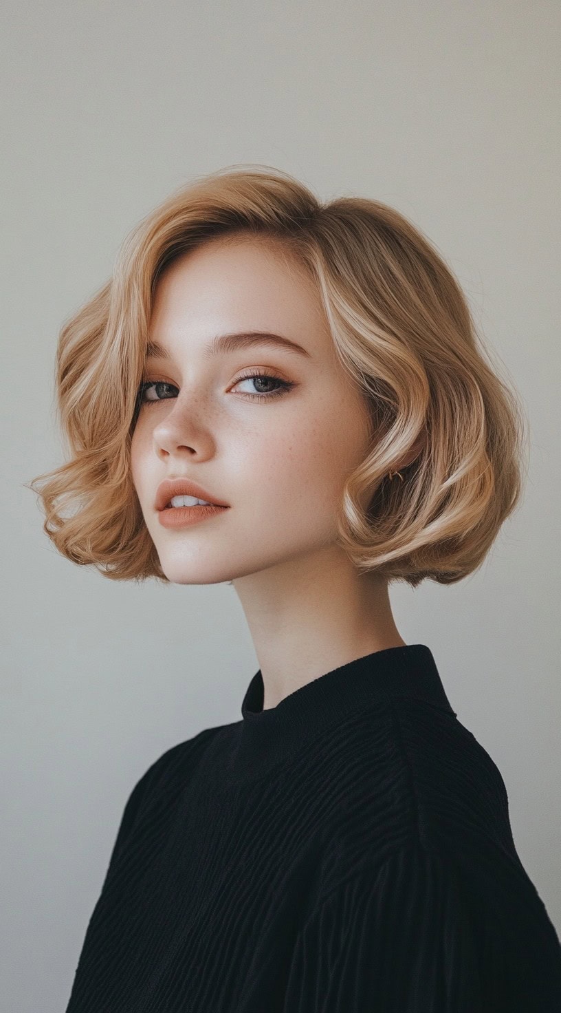 In this photo, a woman with a vintage-inspired short bob styled in soft waves is shown.