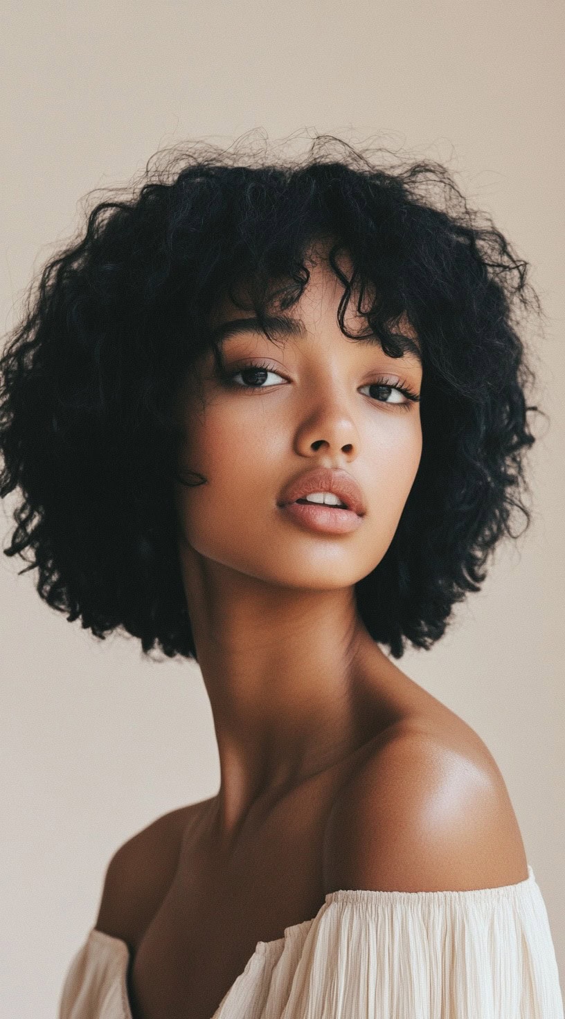 In this photo, a woman with a voluminous curly bob and a fringe is shown.