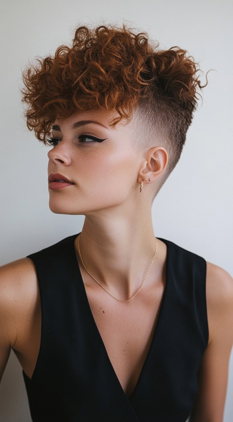 In this photo, a woman with a voluminous curly top and shaved undercut is shown.