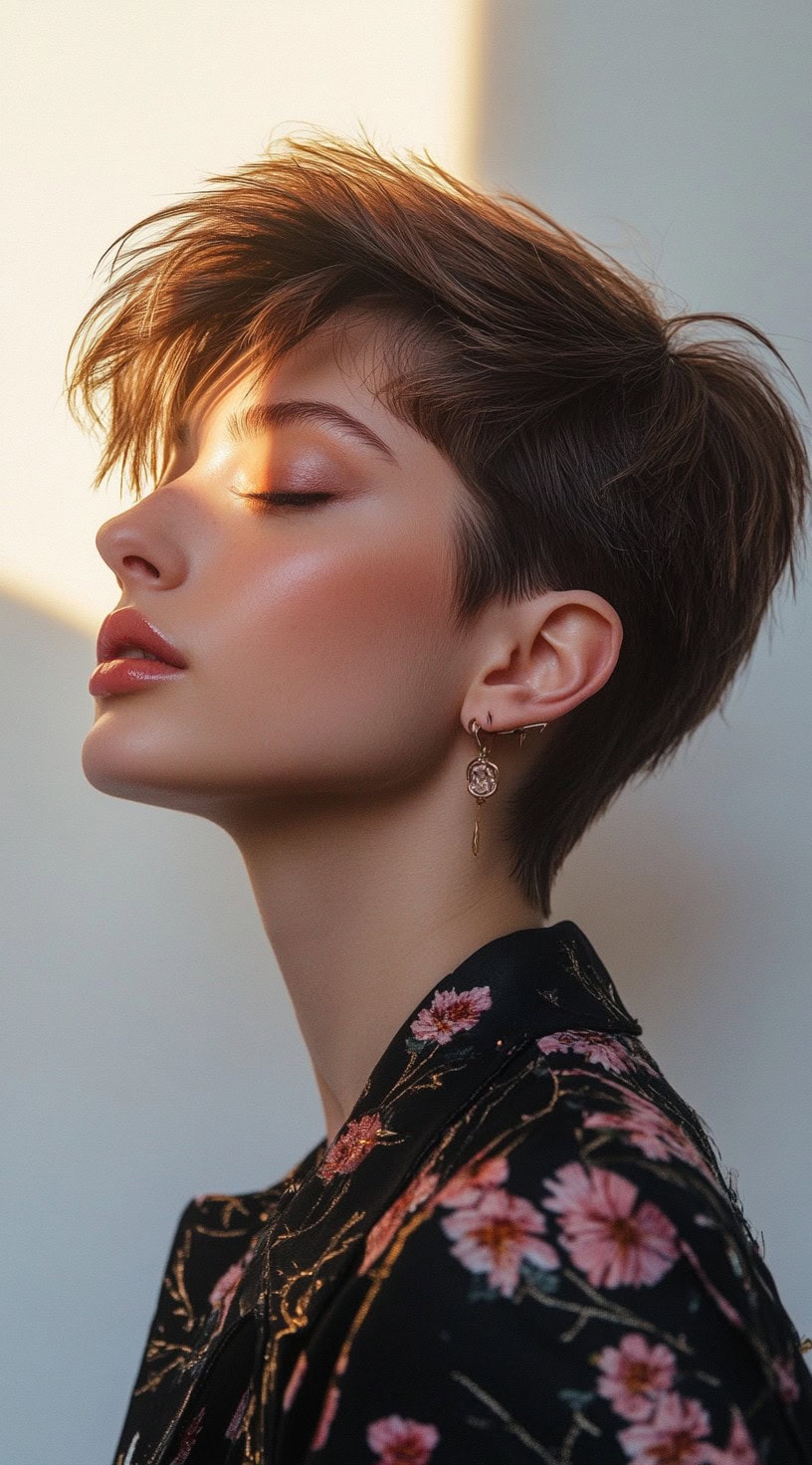 In this photo, a woman with an edgy pixie cut and long, side-swept bangs is shown.