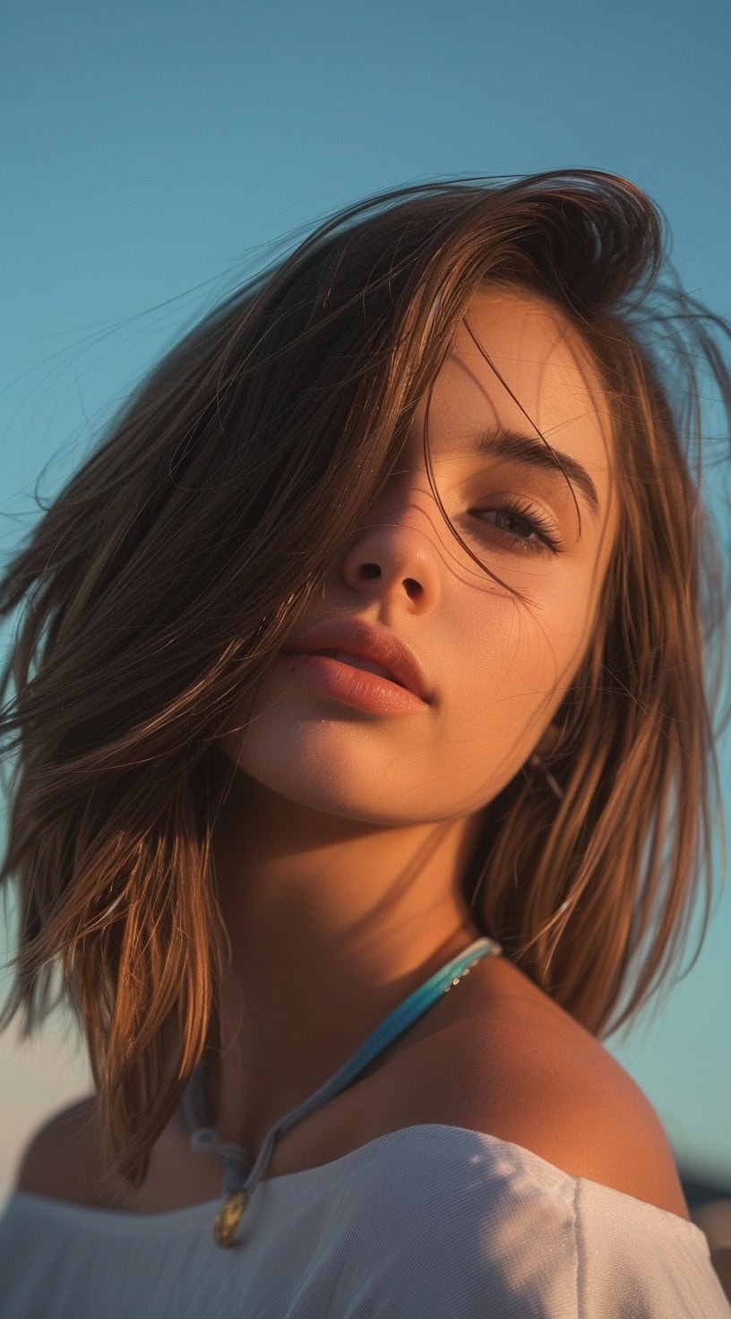 In this photo, a woman with shoulder-length, softly waved hair has a windswept look with some strands falling over her face.