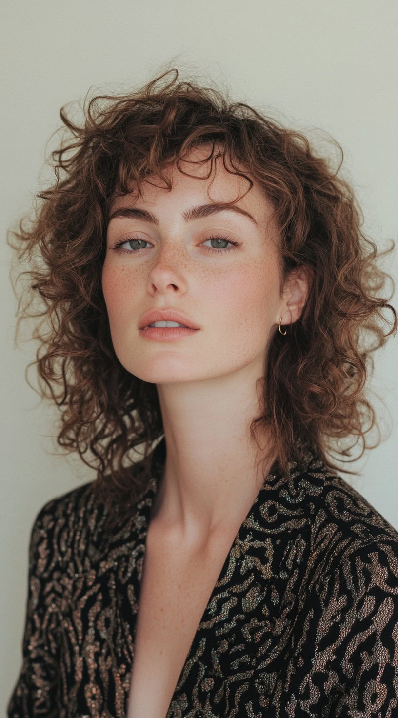 In this photo, a woman with tousled, curly hair and bangs is shown.