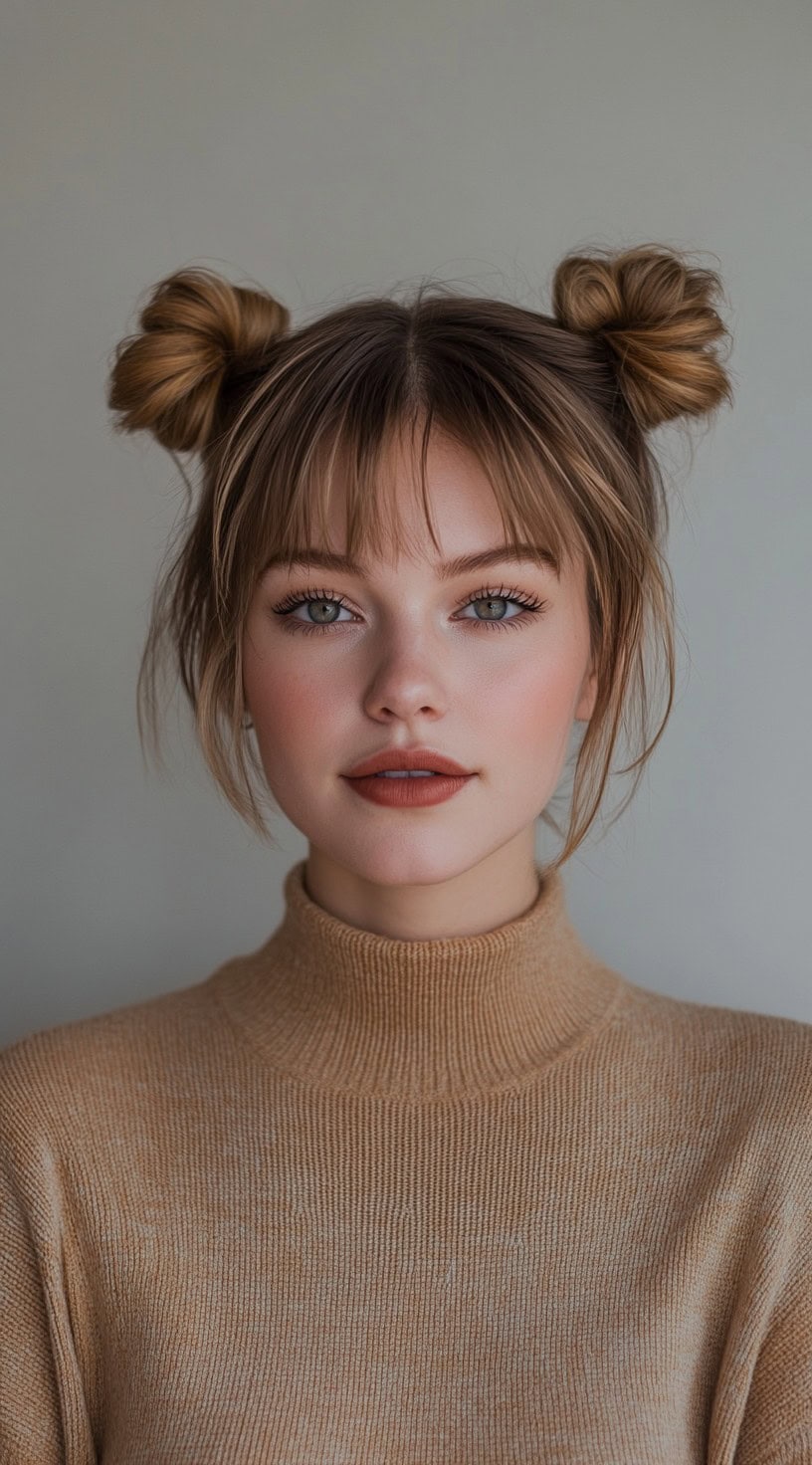 In this photo, a woman with two space buns and wispy bangs is shown.