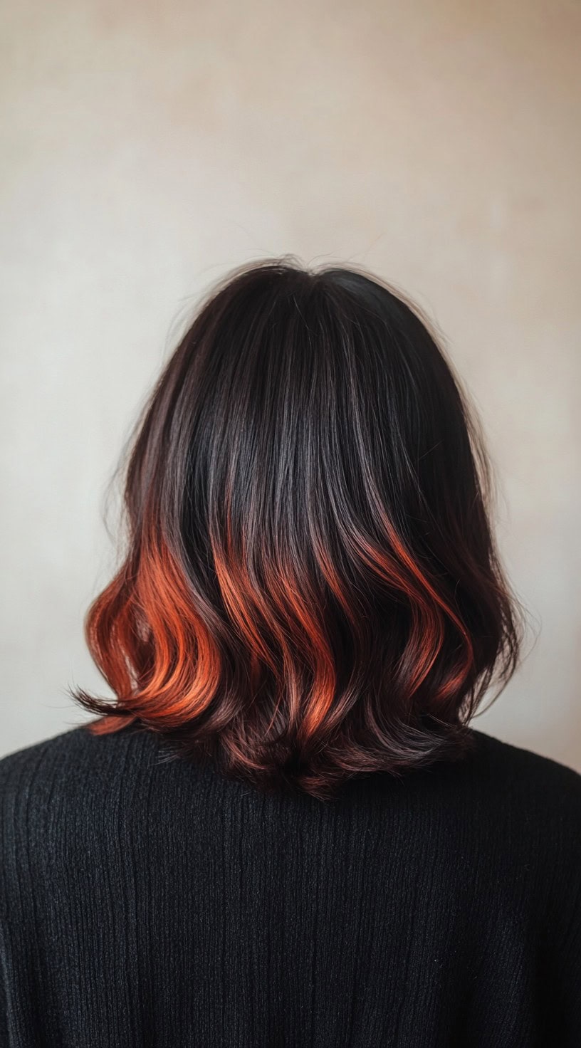 In this photo, dark brown hair ends are dipped in a deep copper shade, creating a bold, contrasting balayage effect.