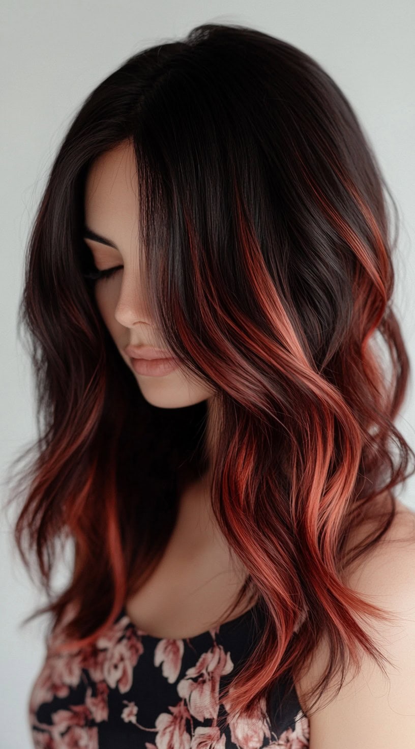 In this photo, dark brown hair is accented with streaks of vivid copper red through the front layers and ends.