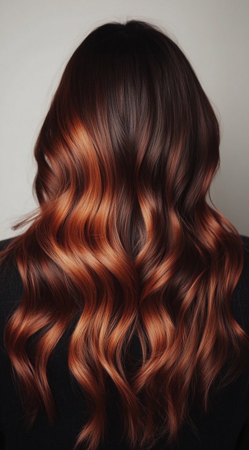 In this photo, dark brown hair transitions into vibrant, glossy copper tones with defined waves, creating a luminous look.