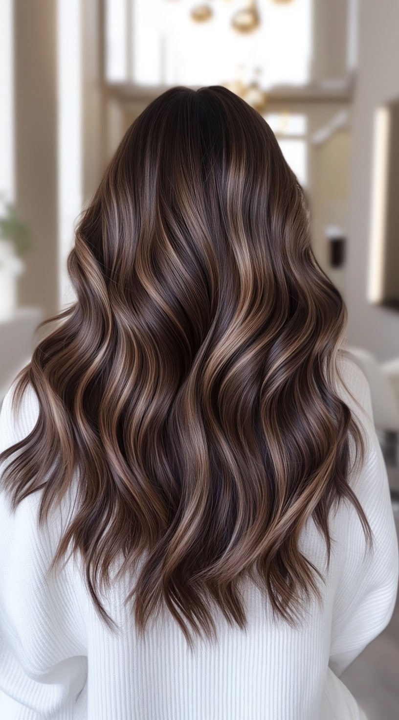 In this photo, dark brown waves are seamlessly blended with warm caramel tones, adding a soft glow to the ends and mid-lengths of the hair.