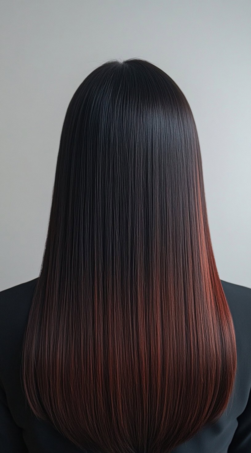 In this photo, dark, sleek, straight hair subtly fades into deep copper balayage at the tips.