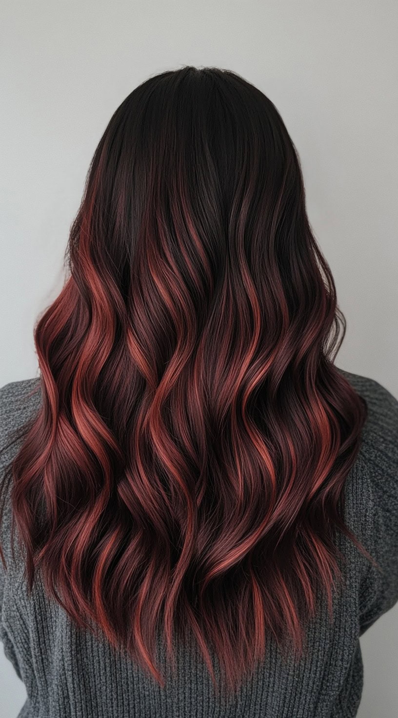 In this photo, dark wavy hair is accented with various shades of copper balayage, creating a dynamic, multi-tonal look.