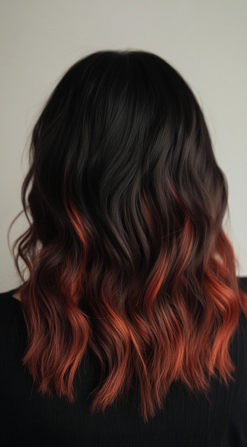 In this photo, long, dark brown wavy hair transitions into a deep, soft copper ombre starting at mid-length.