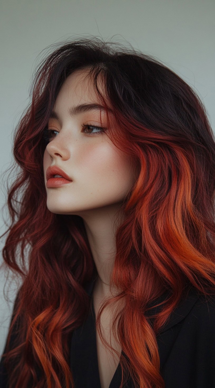 In this photo, long dark hair with a voluminous texture fades into a vivid red and copper balayage.