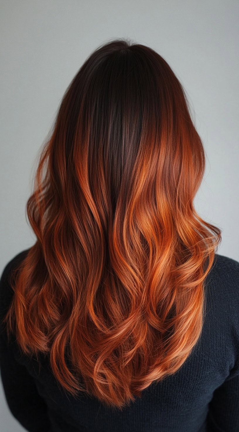 In this photo, long waves are dyed in a rich copper balayage that radiates warmth and vibrancy.