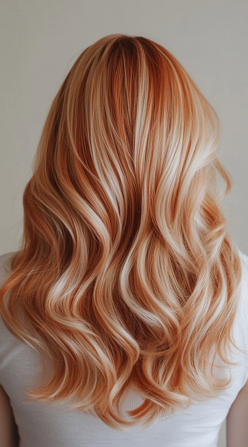 In this photo, long, wavy hair is colored with a blend of creamy copper and blonde highlights, creating a soft, dimensional effect.