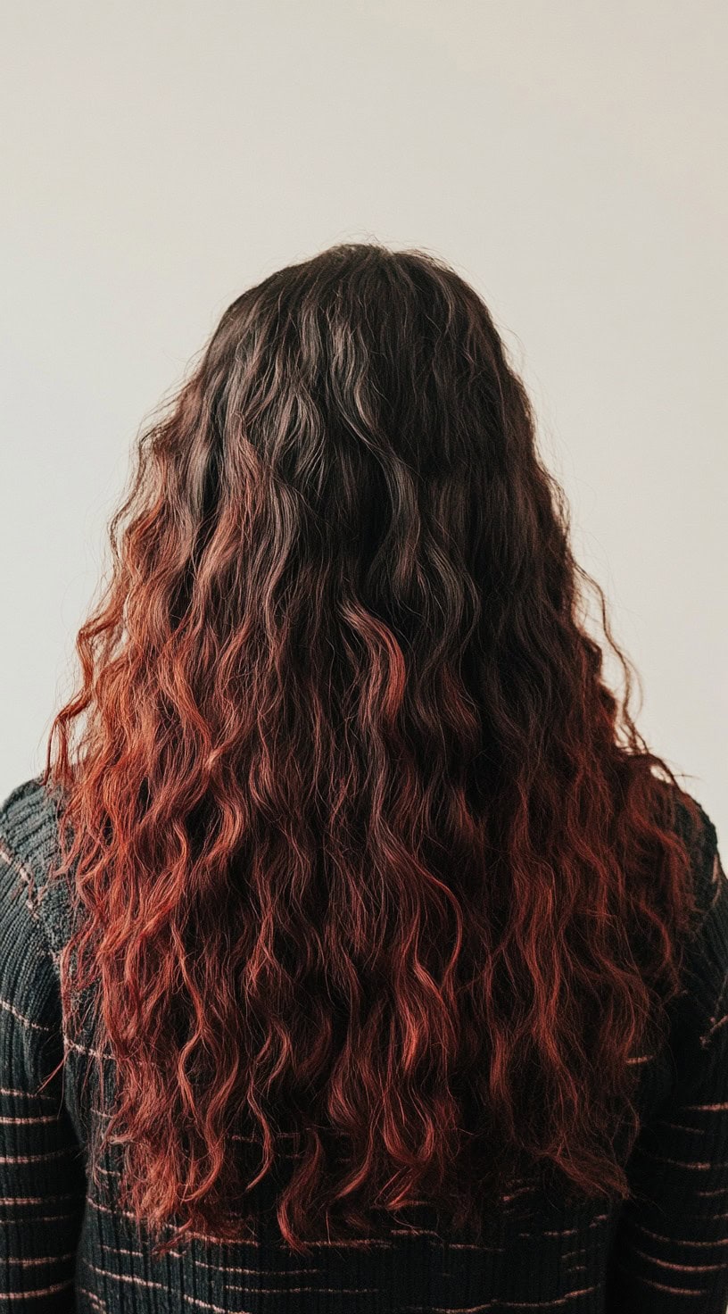 In this photo, naturally curly dark hair transitions into a bold red copper balayage at the ends, adding depth and movement.