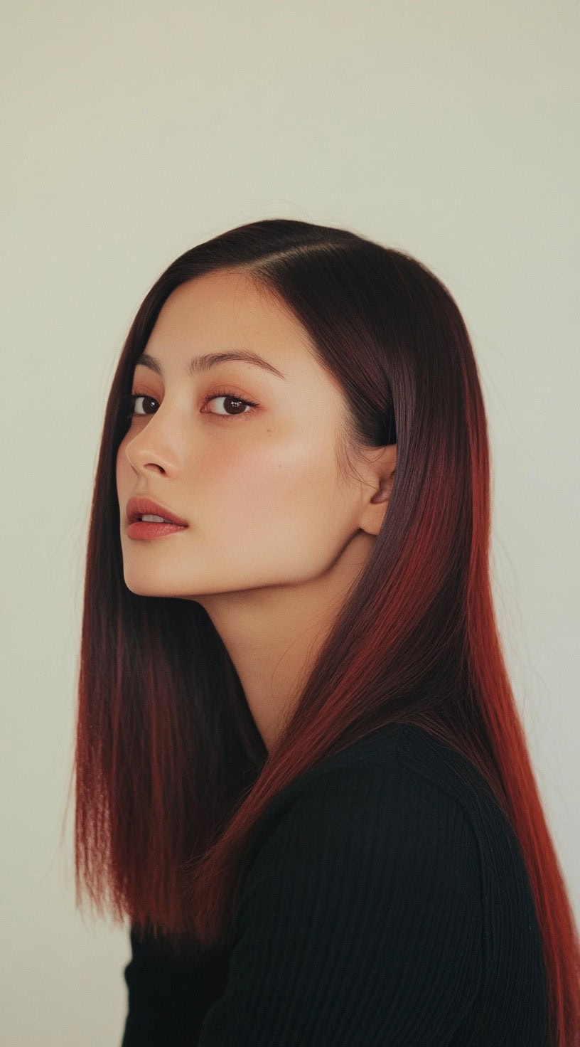 In this photo, sleek, straight hair gradually fades from dark roots to a rich, copper red at the tips.