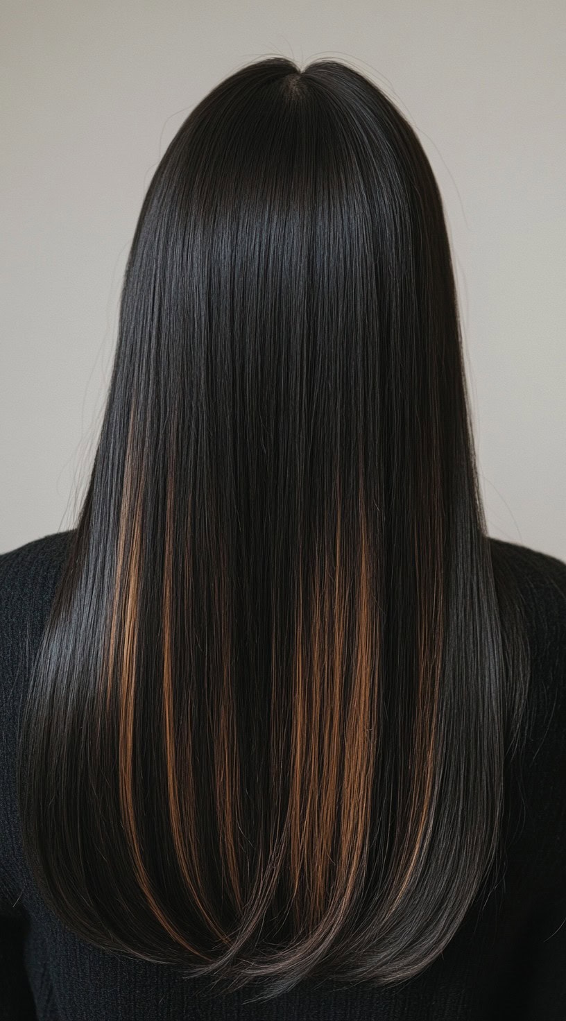 In this photo, straight brunette hair is accentuated with dark caramel balayage that adds subtle brightness to the ends.