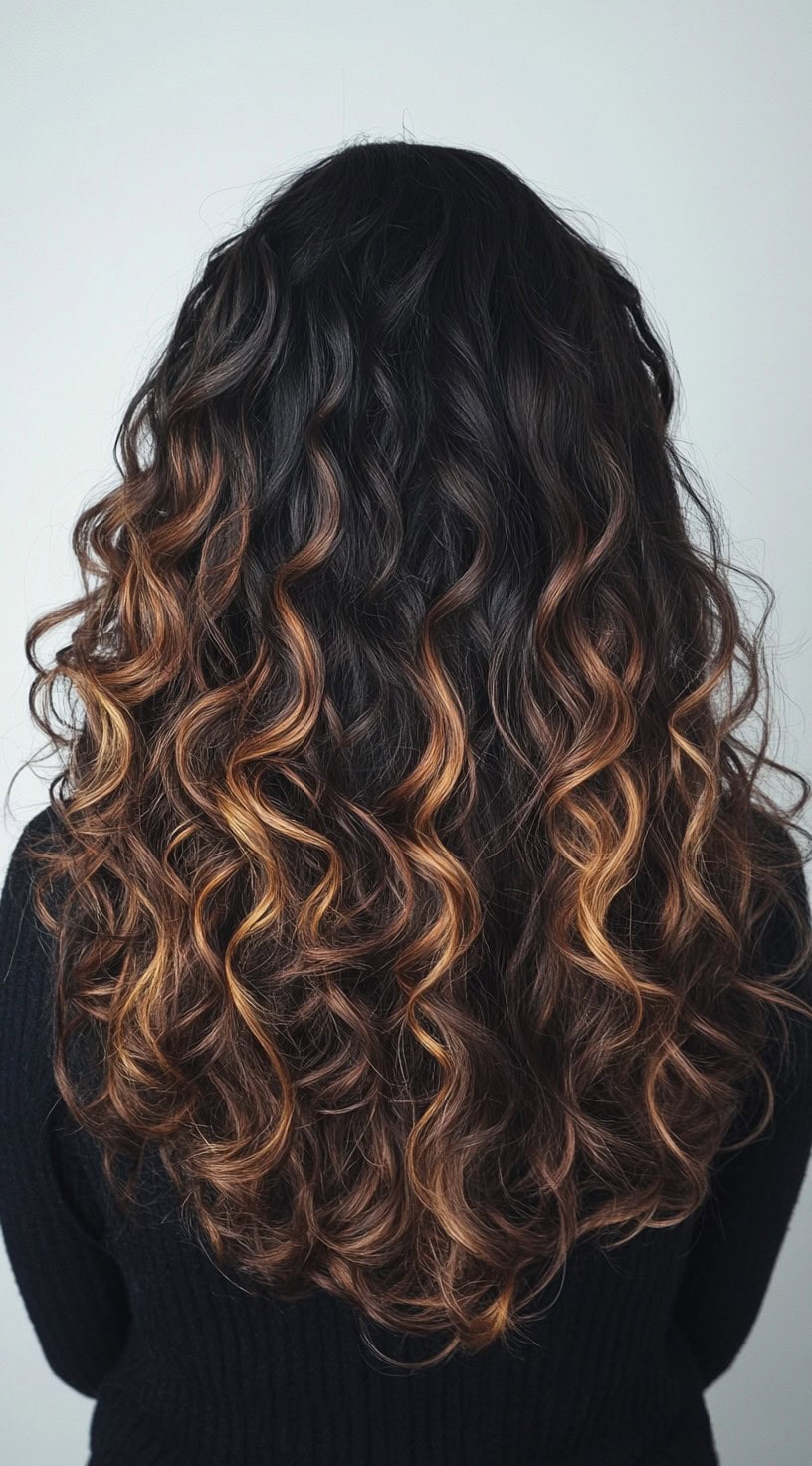 In this photo, tight black curls are enhanced by dark caramel balayage highlights, which create a dynamic contrast.