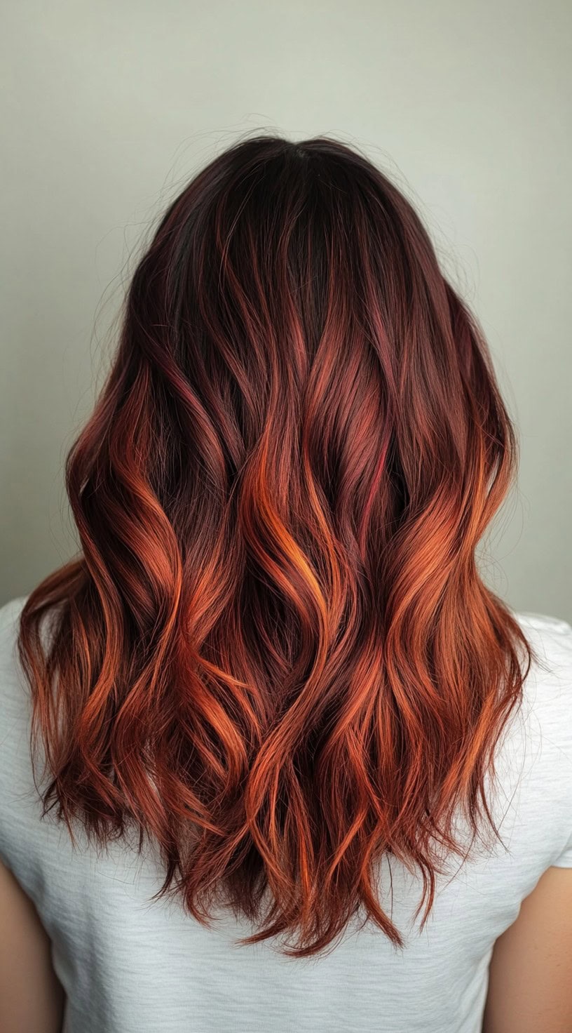 In this photo, warm copper highlights are placed throughout loose waves on dark hair, adding vibrancy and movement.