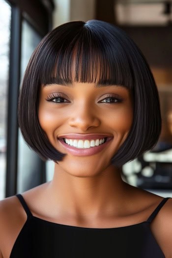 Jaw-Length Bob With Blunt Bangs Haircut on a smiling woman with short black hair.