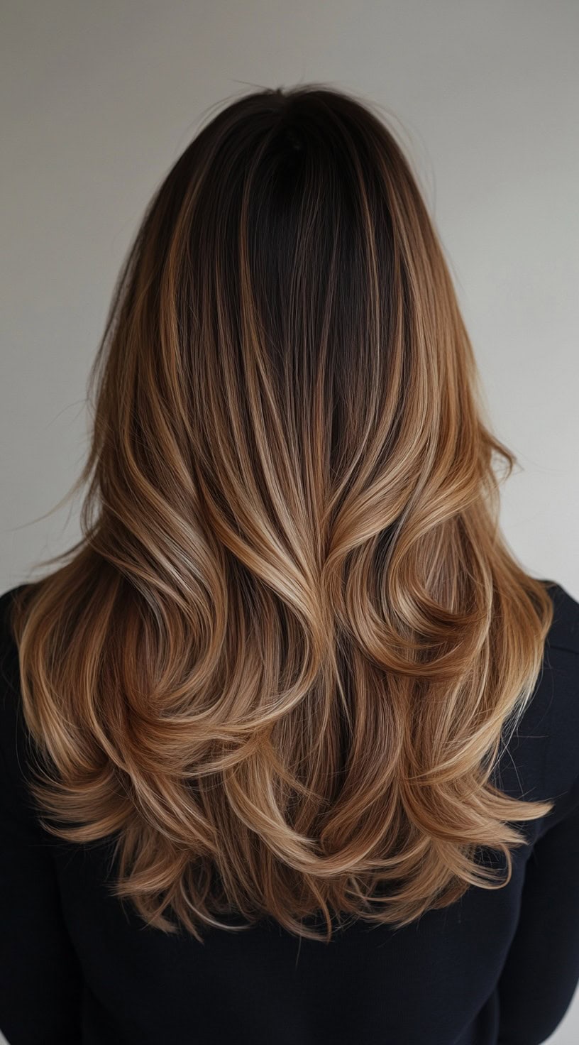 Layered hair with soft curls featuring a caramel balayage and honey highlights.