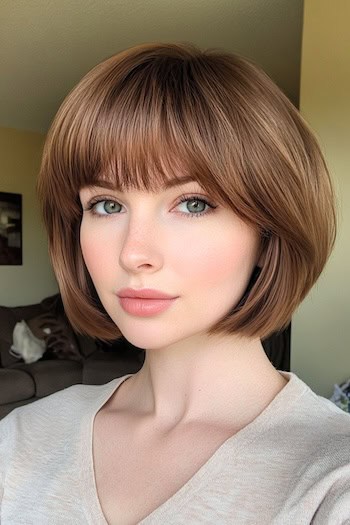 Layered Rounded Bob With Bangs Haircut on a woman with short brown hair.