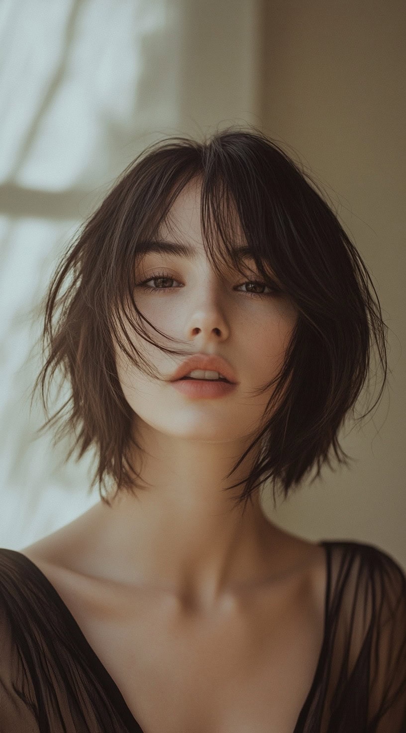 Layered, shaggy bob with wispy bangs and a slightly tousled look.