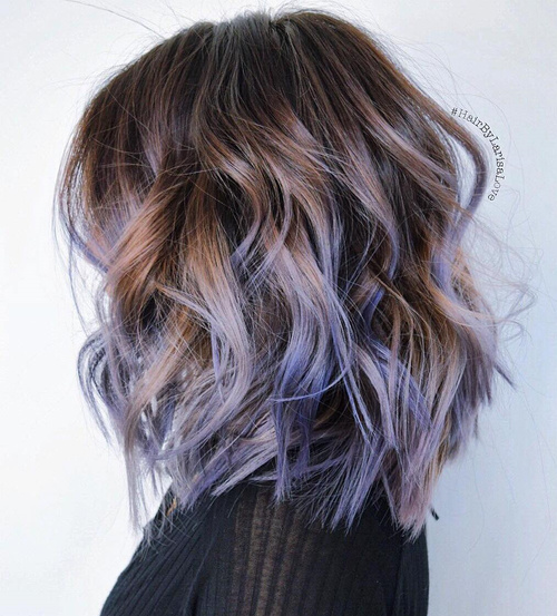 light brown bob with purple balayage