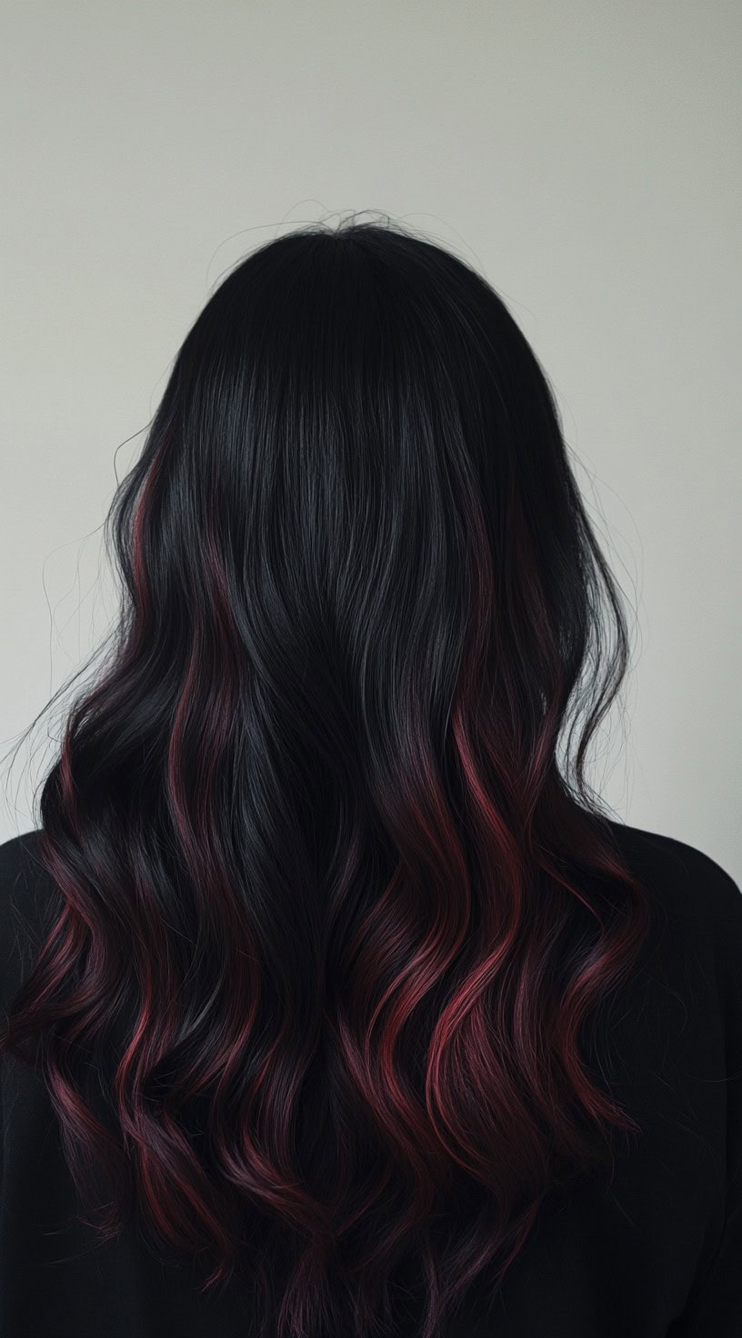 Long black wavy hair with subtle cherry red highlights near the ends.