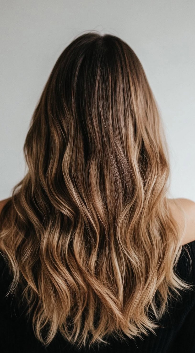 Long, brunette hair with loose waves and golden blonde balayage highlights.