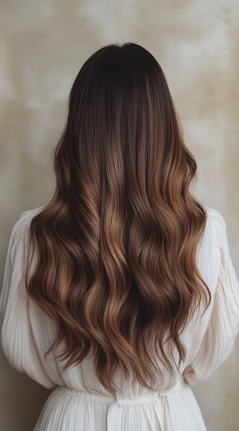 Long brunette hair with soft curls and chocolate-toned balayage highlights.