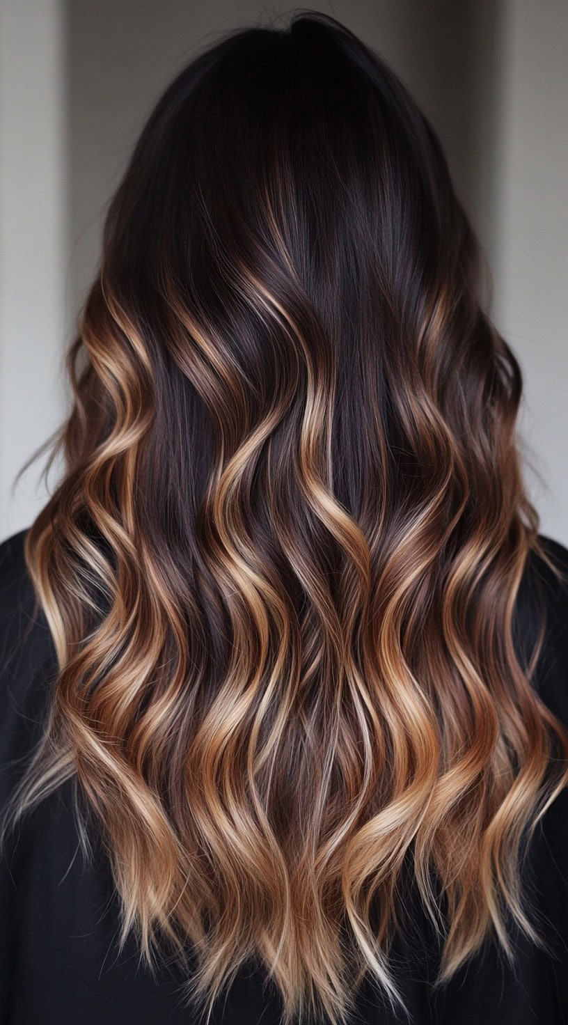 Long brunette hair with soft, wavy, honey-toned balayage highlights throughout.