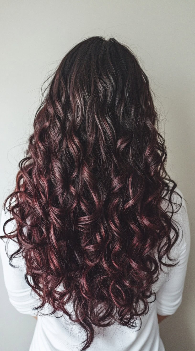 Long curly hair with cherry cola balayage, giving a warm glow to the curls.